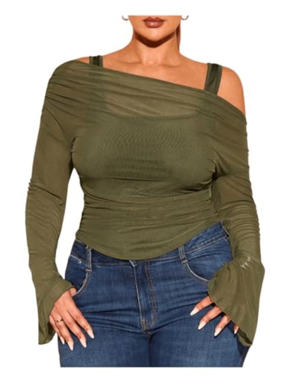 Plus Size Off Shoulder Top 2-in-1 Bell Sleeve Long Sleeve Tee Knit